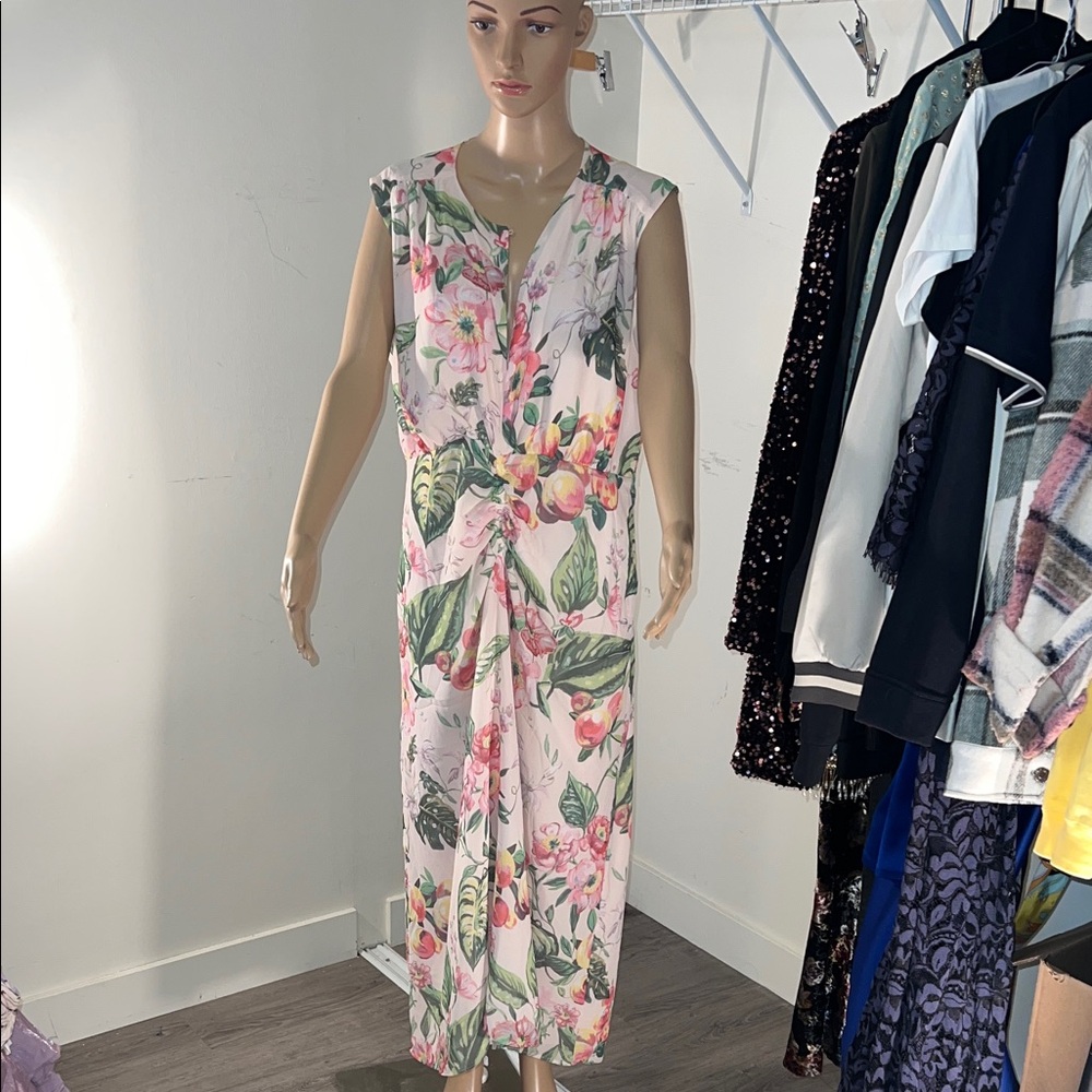 H&M Pink and Green Floral Midi Dress